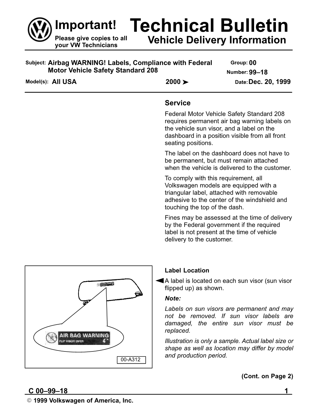 V009918 Airbag WARNING! Labels, Compliance with FMVSS