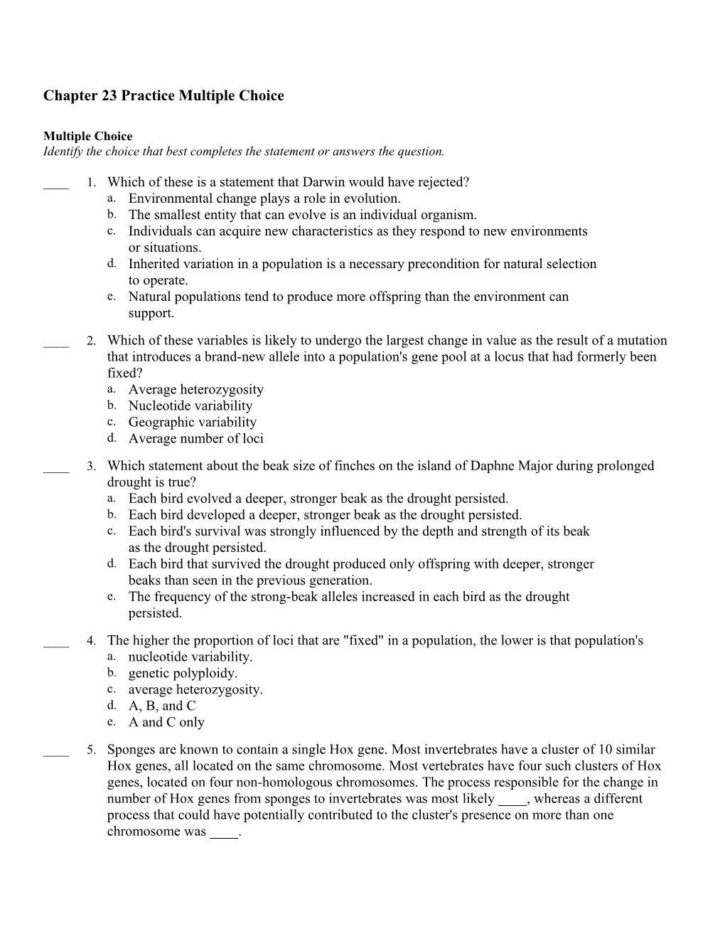 Chapter 23 Practice Multiple Choice