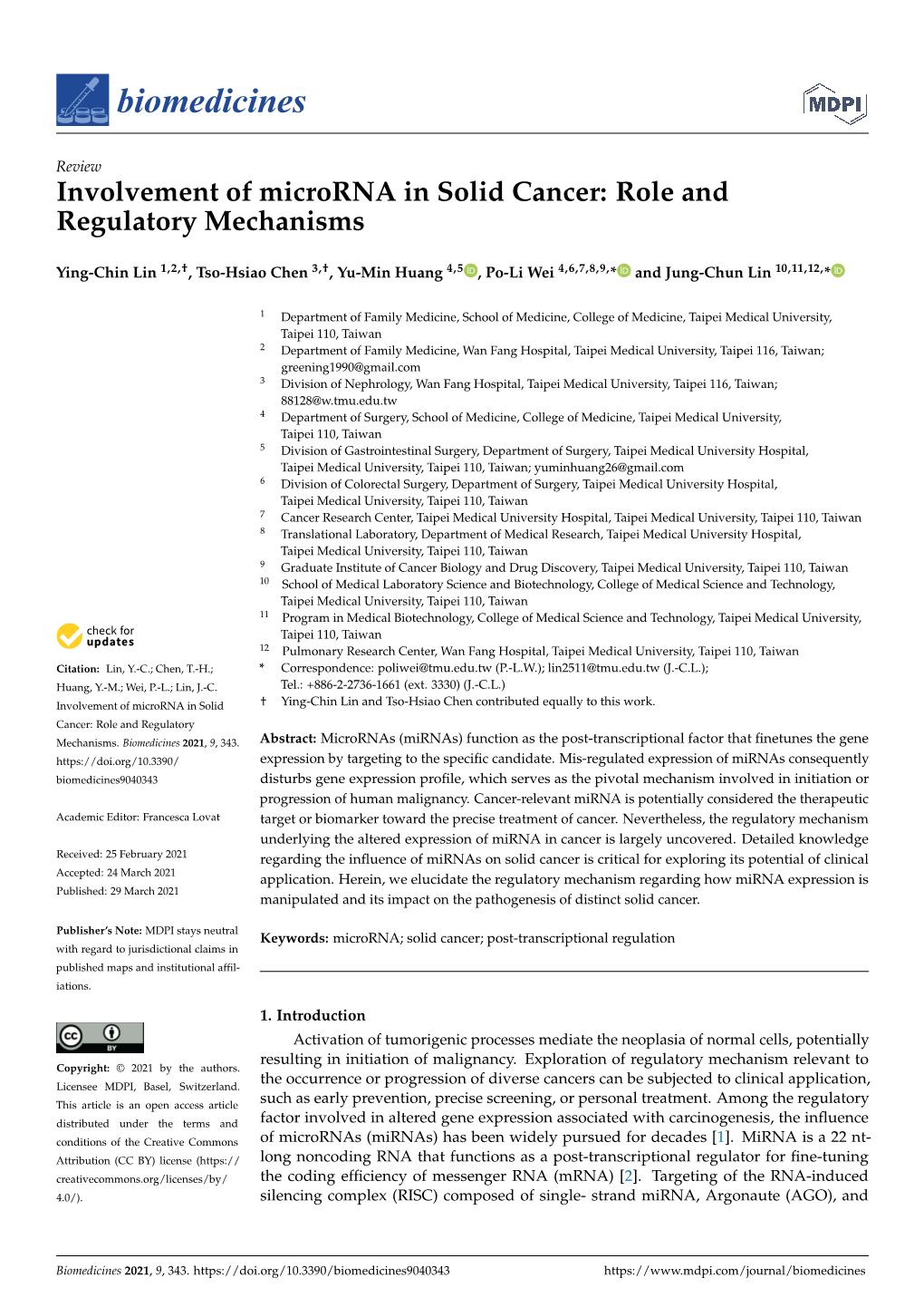 Involvement of Microrna in Solid Cancer: Role and Regulatory Mechanisms