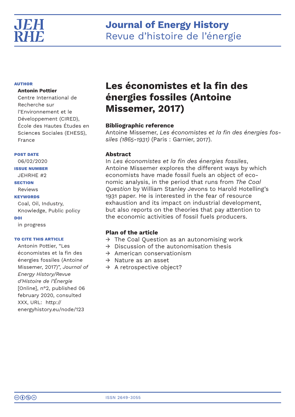 Journal of Energy History Revue D'histoire De L'énergie Les Économistes Et La Fin Des Énergies Fossiles (Antoine Missemer