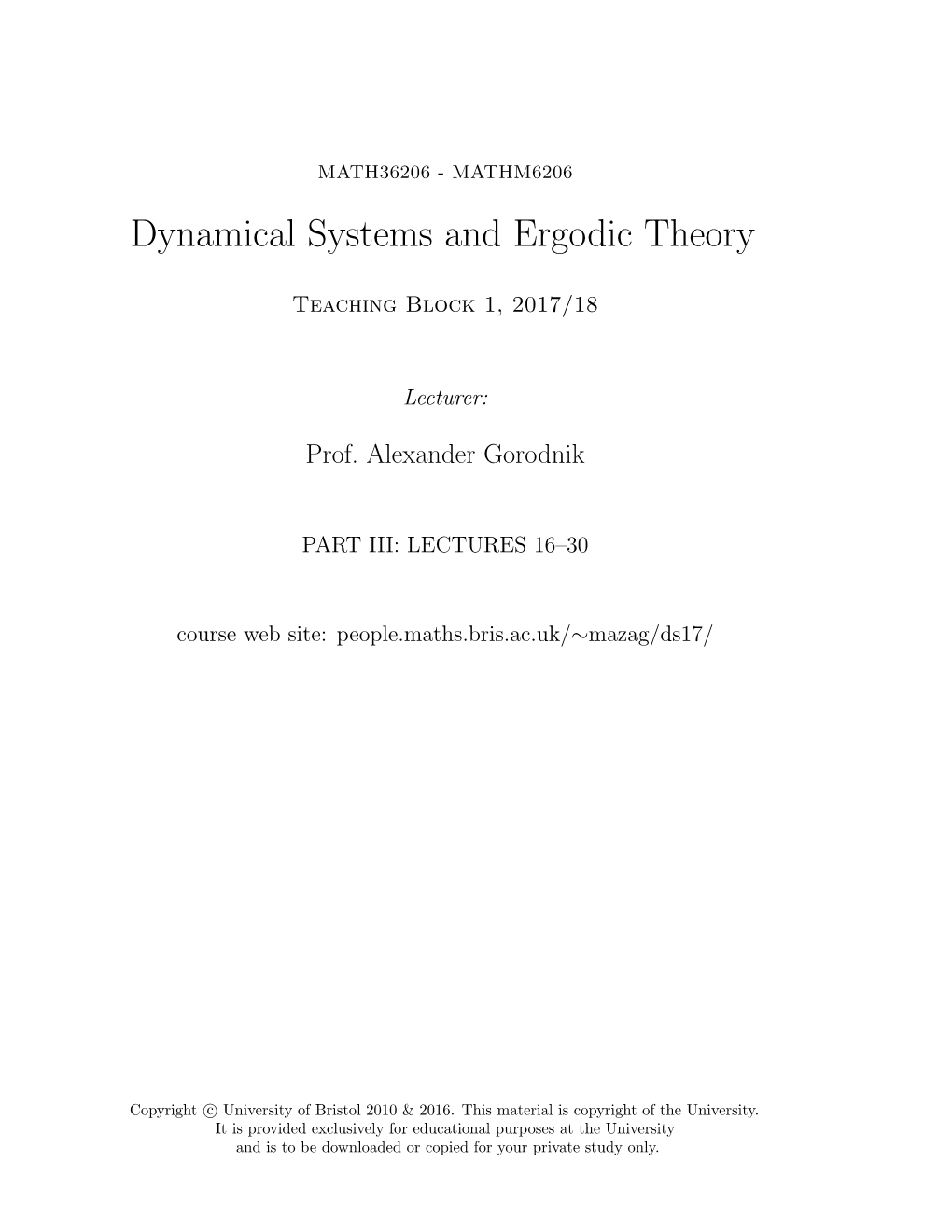 Dynamical Systems and Ergodic Theory