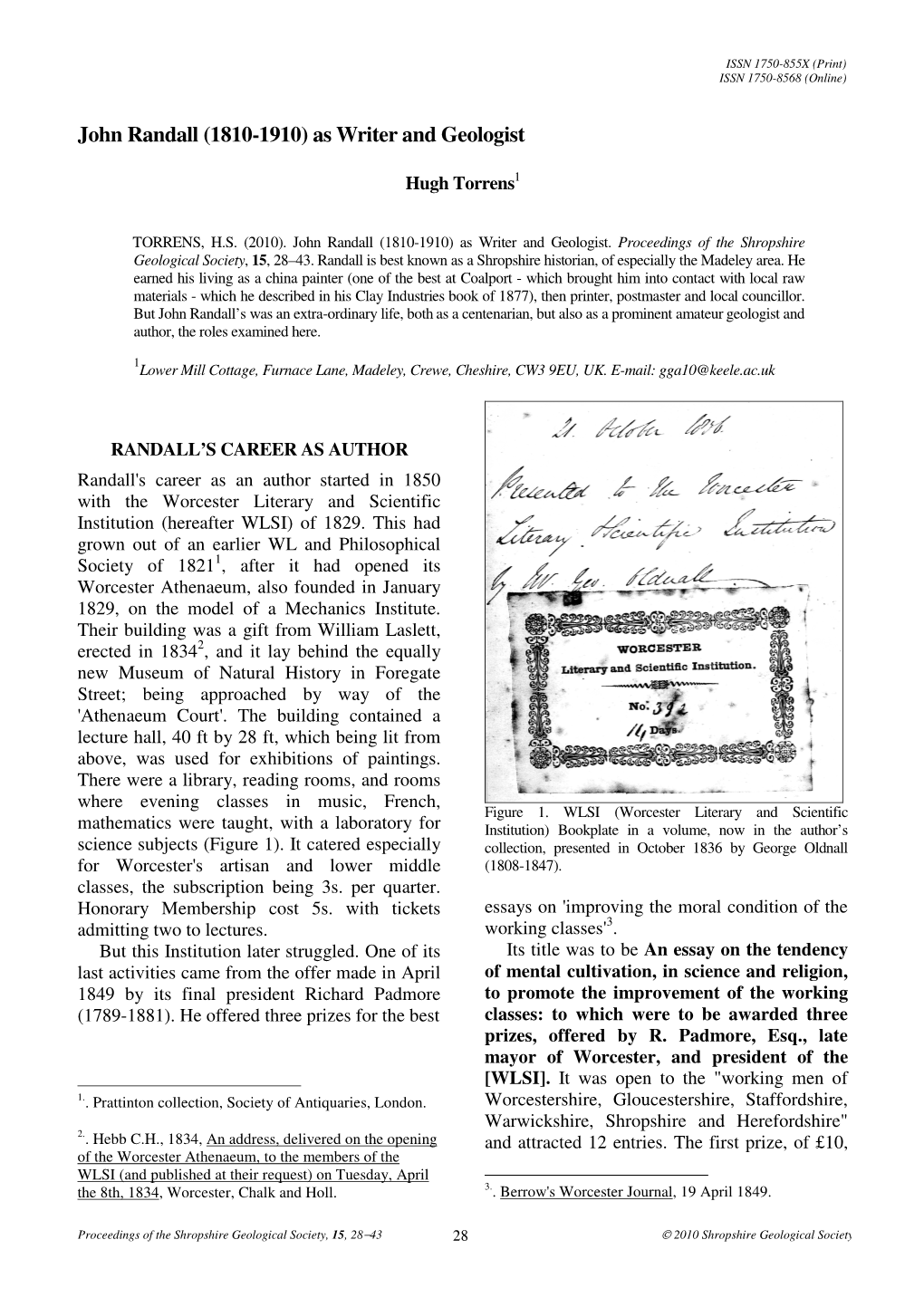 John Randall (1810-1910) As Writer and Geologist