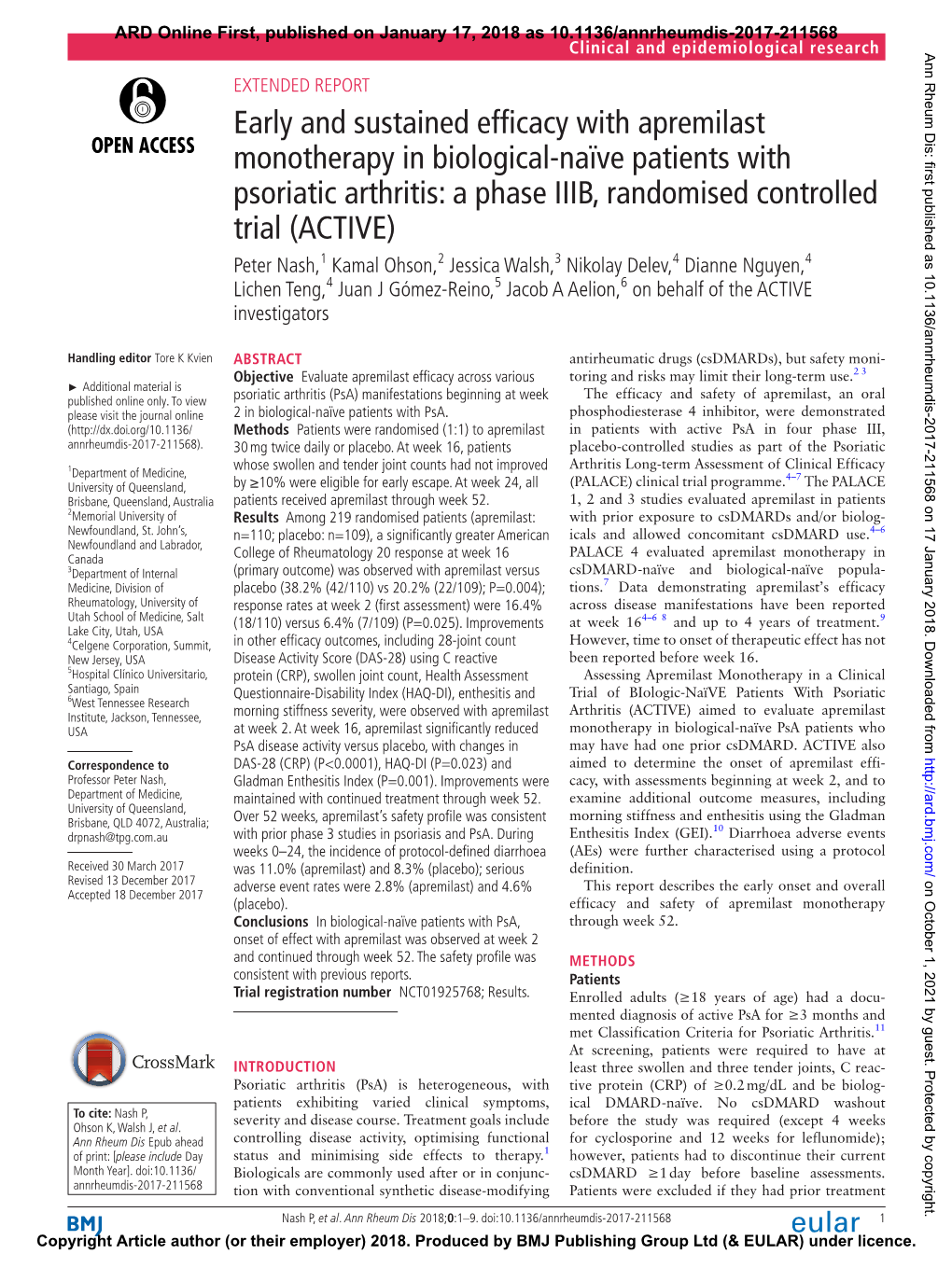 Early and Sustained Efficacy with Apremilast Monotherapy in Biological-Naïve Patients with Psoriatic Arthritis