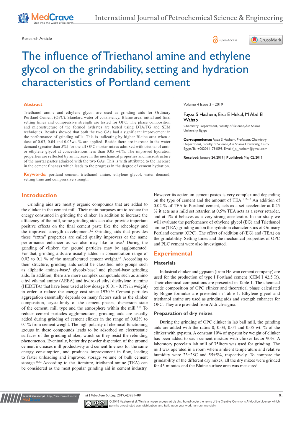 The Influence of Triethanol Amine and Ethylene Glycol on the Grindability, Setting and Hydration Characteristics of Portland Cement