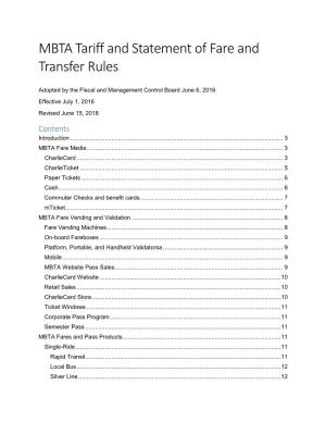 MBTA Tariff and Statement of Fare and Transfer Rules