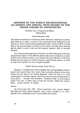Revision of the Family Devescovinidae, Its Genera and Species, with Record of the Indian Species of Devescovina by Prof