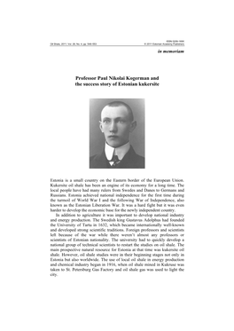 Professor Paul Nikolai Kogerman and the Success Story of Estonian Kukersite