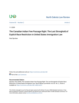 The Canadian Indian Free Passage Right: the Last Stronghold of Explicit Race Restriction in United States Immigration Law