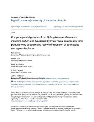 Complete Plastid Genomes from Ophioglossum Californicum