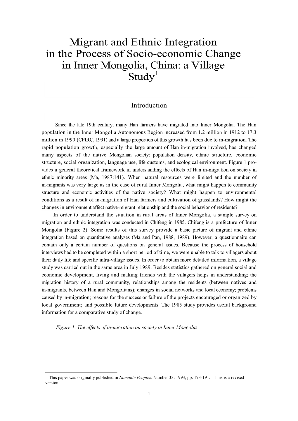 Migrant and Ethnic Integration in the Process of Socio-Economic Change in Inner Mongolia, China: a Village 1 Study