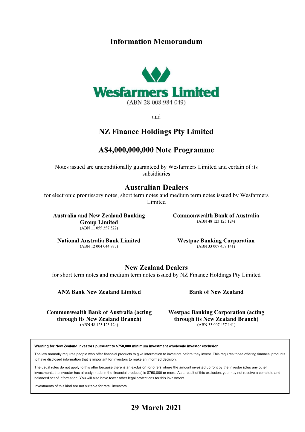 Information Memorandum NZ Finance Holdings Pty Limited