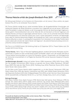 Thomas Hettche Erhält Den Joseph-Breitbach-Preis 2019