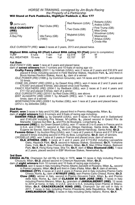 HORSE in TRAINING, Consigned by Jim Boyle Racing the Property of a Partnership Will Stand at Park Paddocks, Highflyer Paddock J, Box 177