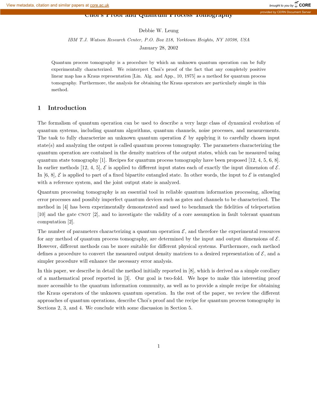 Choi's Proof and Quantum Process Tomography 1 Introduction