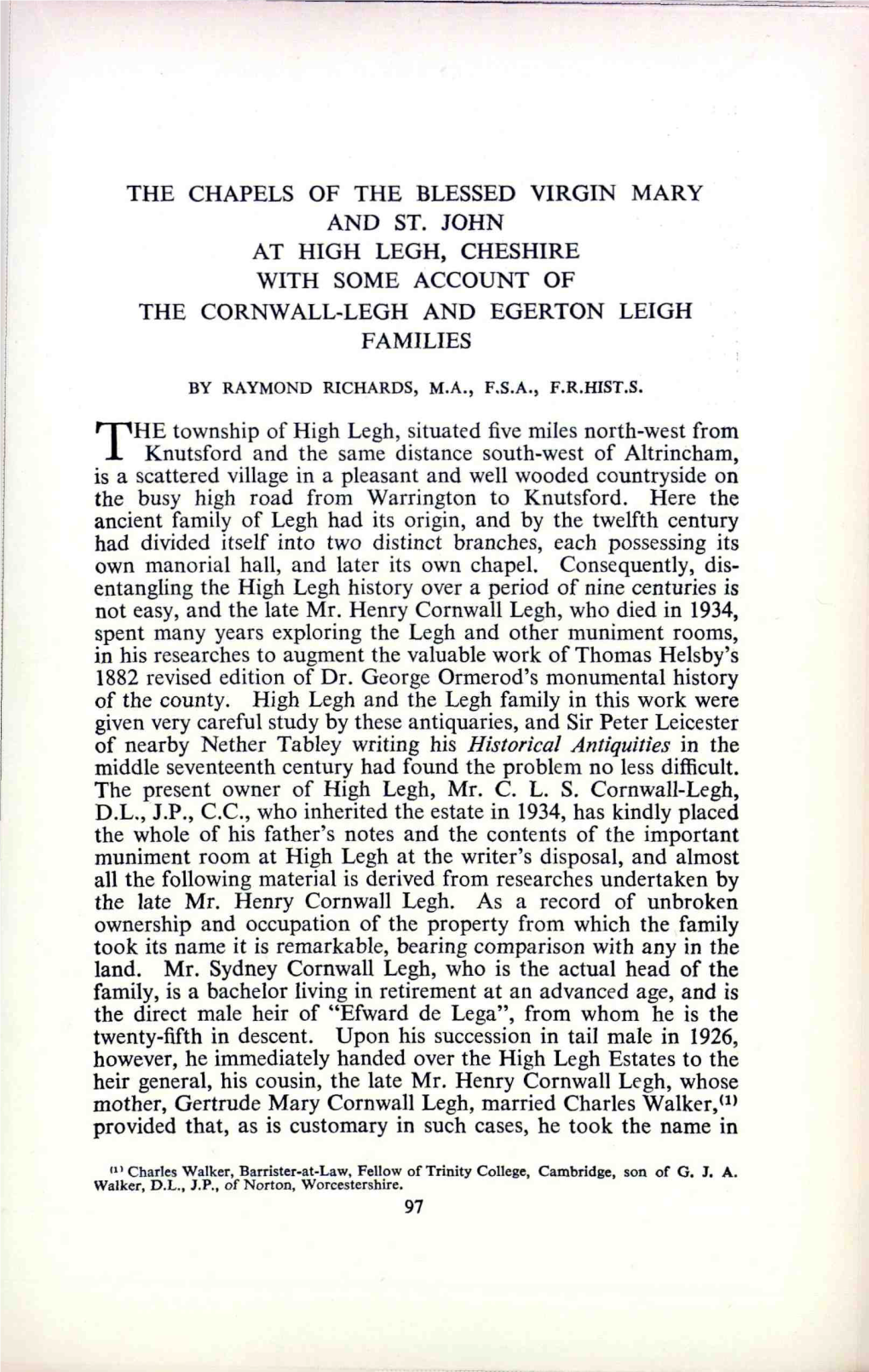 The Chapels of the Blessed Virgin Mary and St. John at High Legh, Cheshire with Some Account of the Cornwall-Legh and Egerton Leigh Families