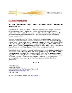 Second Night of 2020 Creative Arts Emmy® Winners Announced