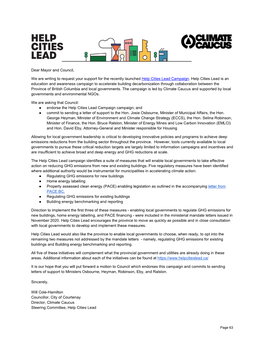 Dear Mayor and Council, We Are Writing to Request Your Support for the Recently Launched Help Cities Lead Campaign. Help Cities