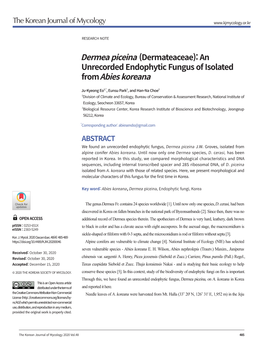 Dermea Piceina (Dermateaceae): an Unrecorded Endophytic Fungus of Isolated from Abies Koreana