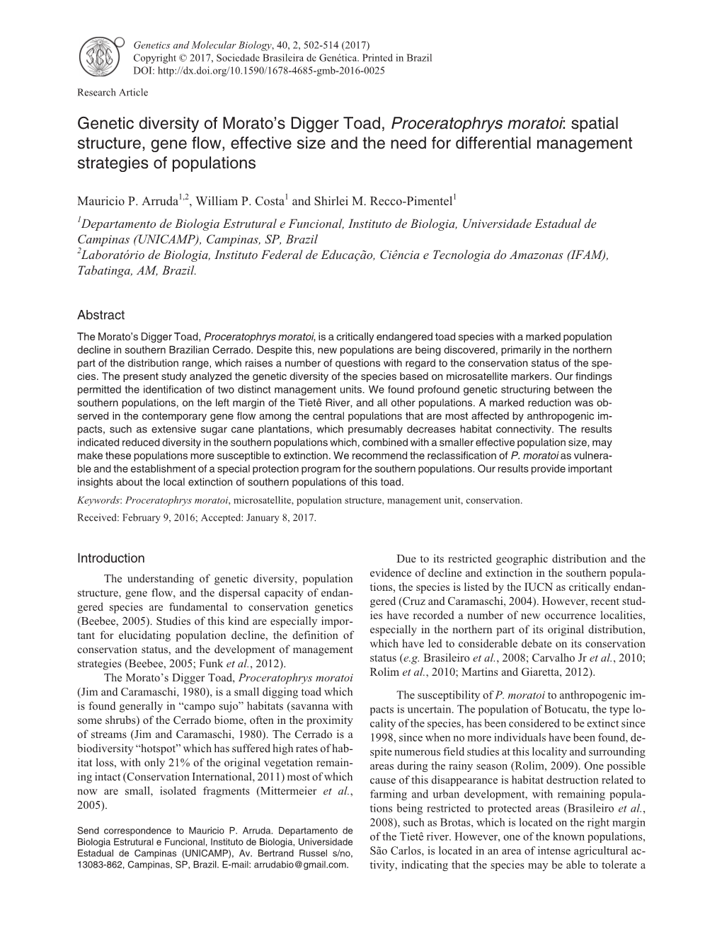 Genetic Diversity of Morato's Digger Toad, Proceratophrys Moratoi