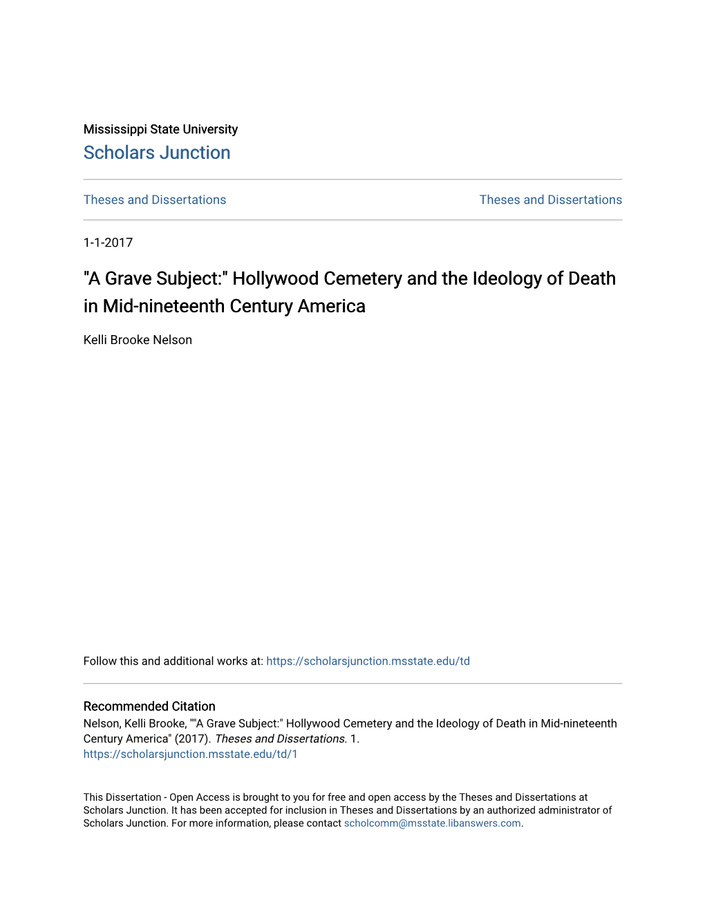 Hollywood Cemetery and the Ideology of Death in Mid-Nineteenth Century America