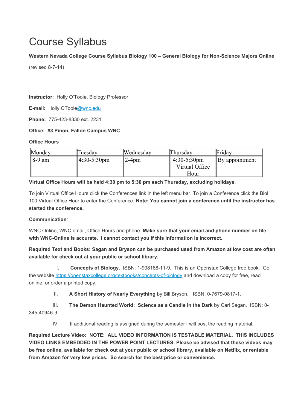 Western Nevada College Course Syllabus Biology 100 General Biology for Non-Science Majors