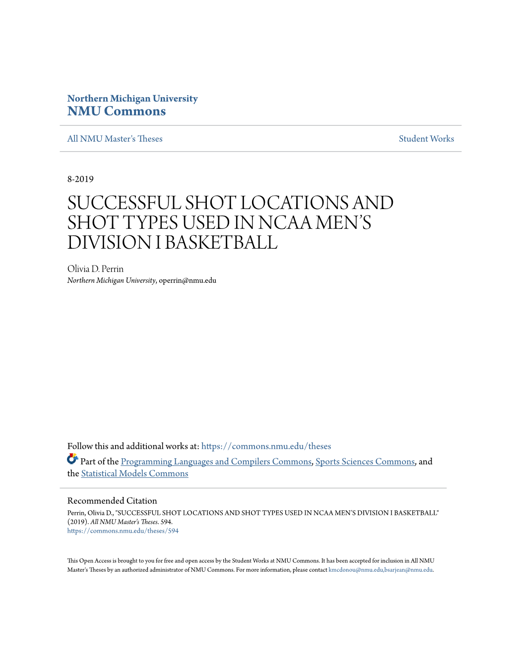 Successful Shot Locations and Shot Types Used in NCAA Men's Division I Basketball