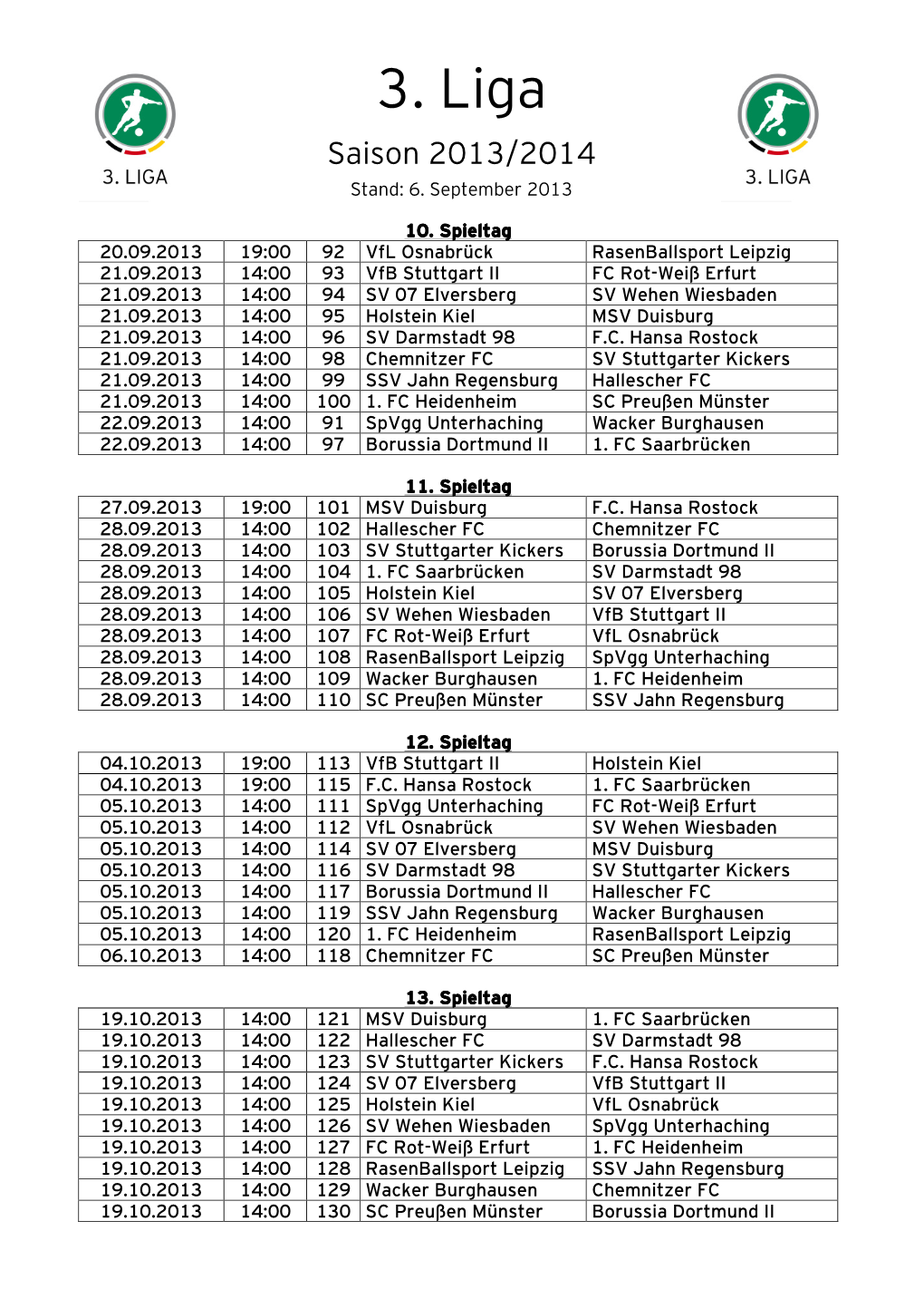 Spielplan 3. Liga 13-14 Spieltage 10-17