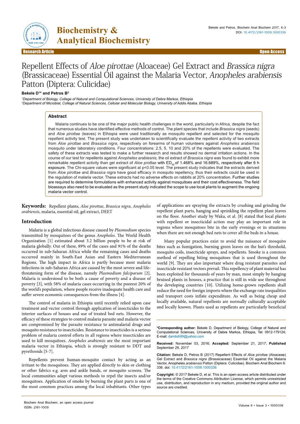 Repellent Effects of Aloe Pirottae (Aloaceae) Gel Extract And