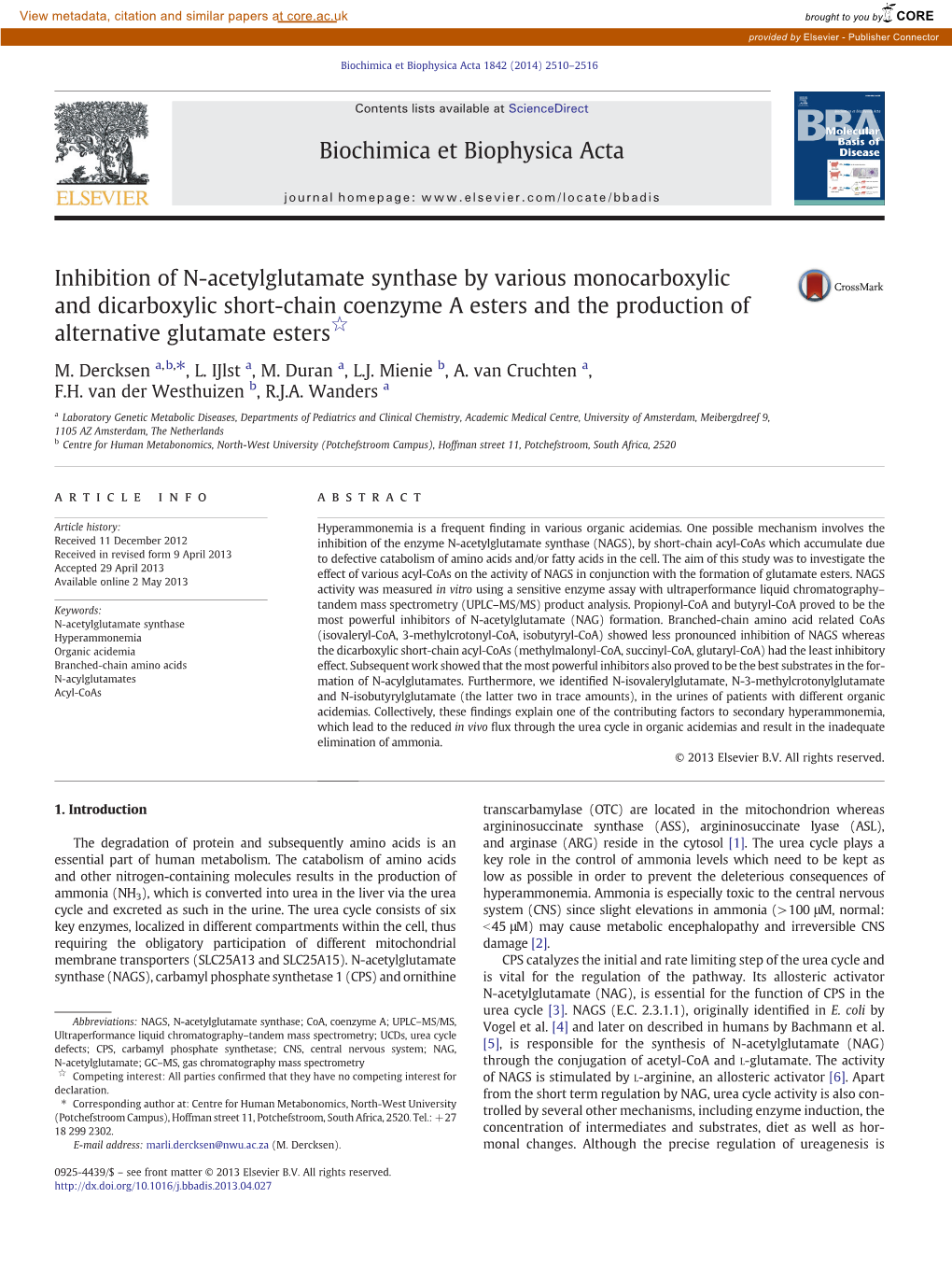 Inhibition of N-Acetylglutamate Synthase by Various Monocarboxylic and Dicarboxylic Short-Chain Coenzyme a Esters and the Production of Alternative Glutamate Esters☆