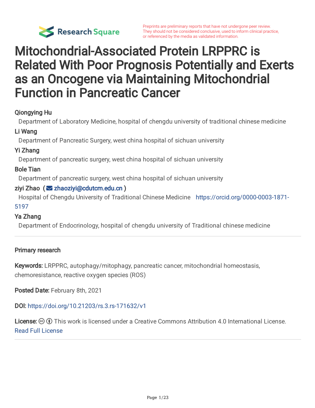 Mitochondrial-Associated Protein LRPPRC Is Related with Poor