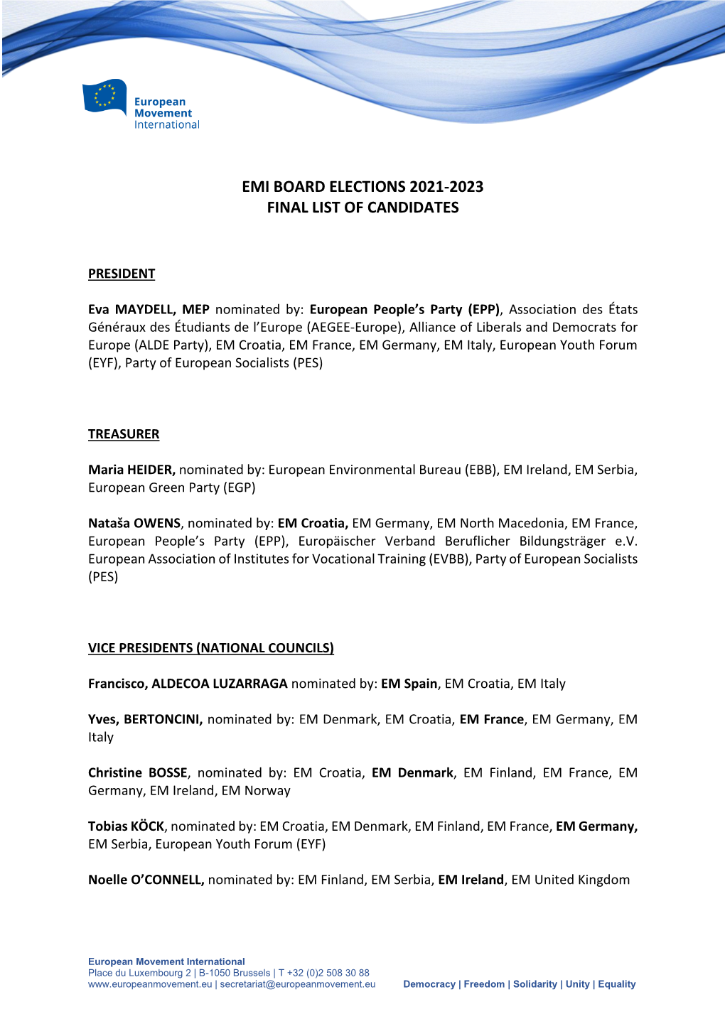 Emi Board Elections 2021-2023 Final List of Candidates