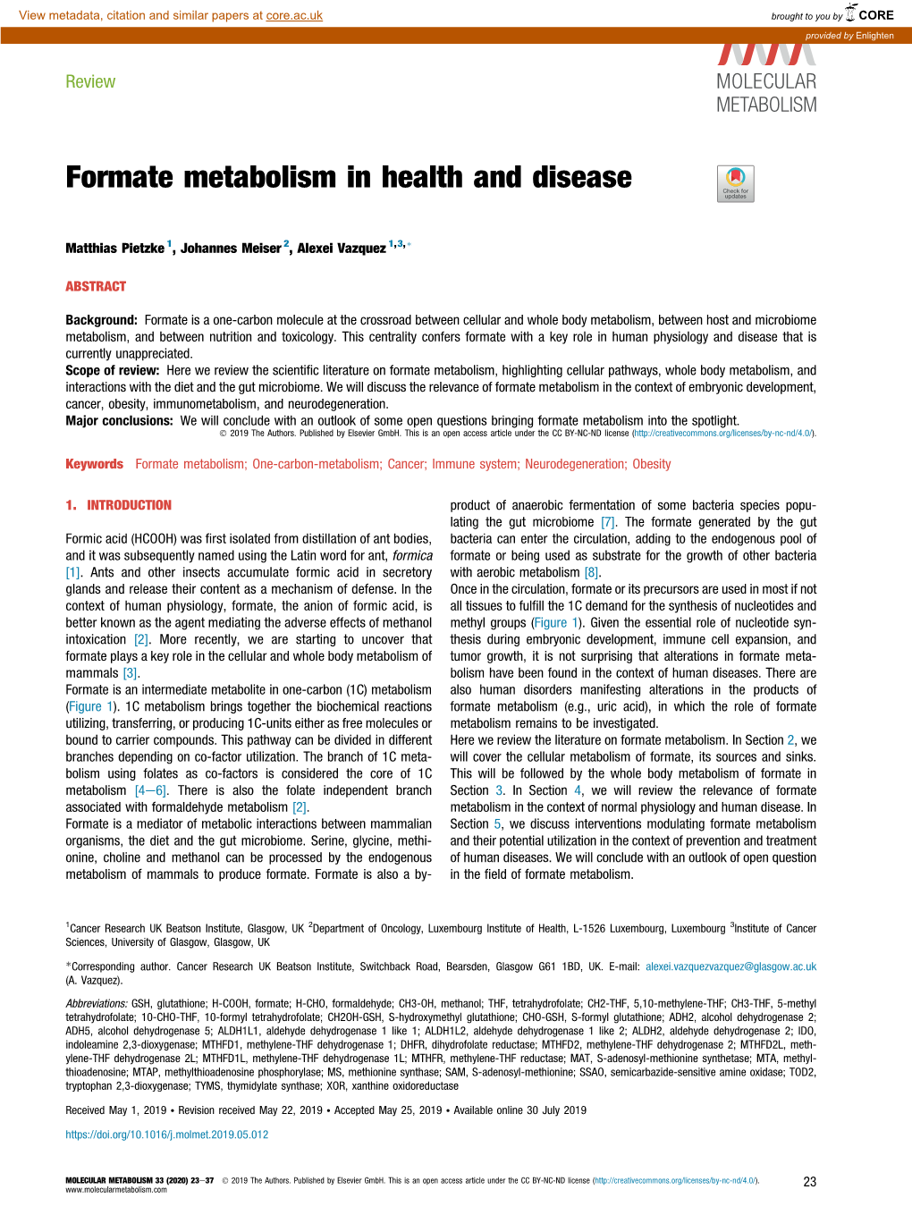 Formate Metabolism in Health and Disease