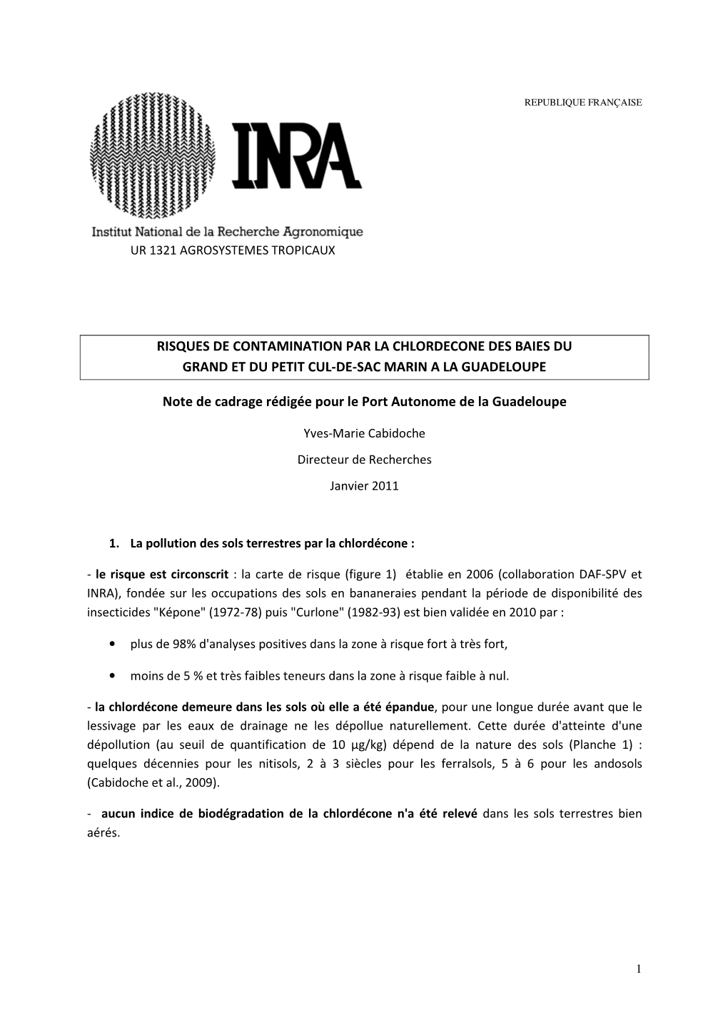 Risques De Contamination Par La Chlordecone Des Baies Du Grand Et Du Petit Cul-De-Sac Marin a La Guadeloupe