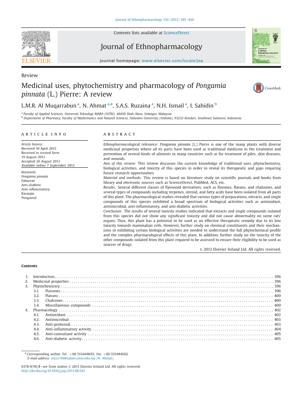 Medicinal Uses, Phytochemistry and Pharmacology of Pongamia Pinnata (L.) Pierre: a Review