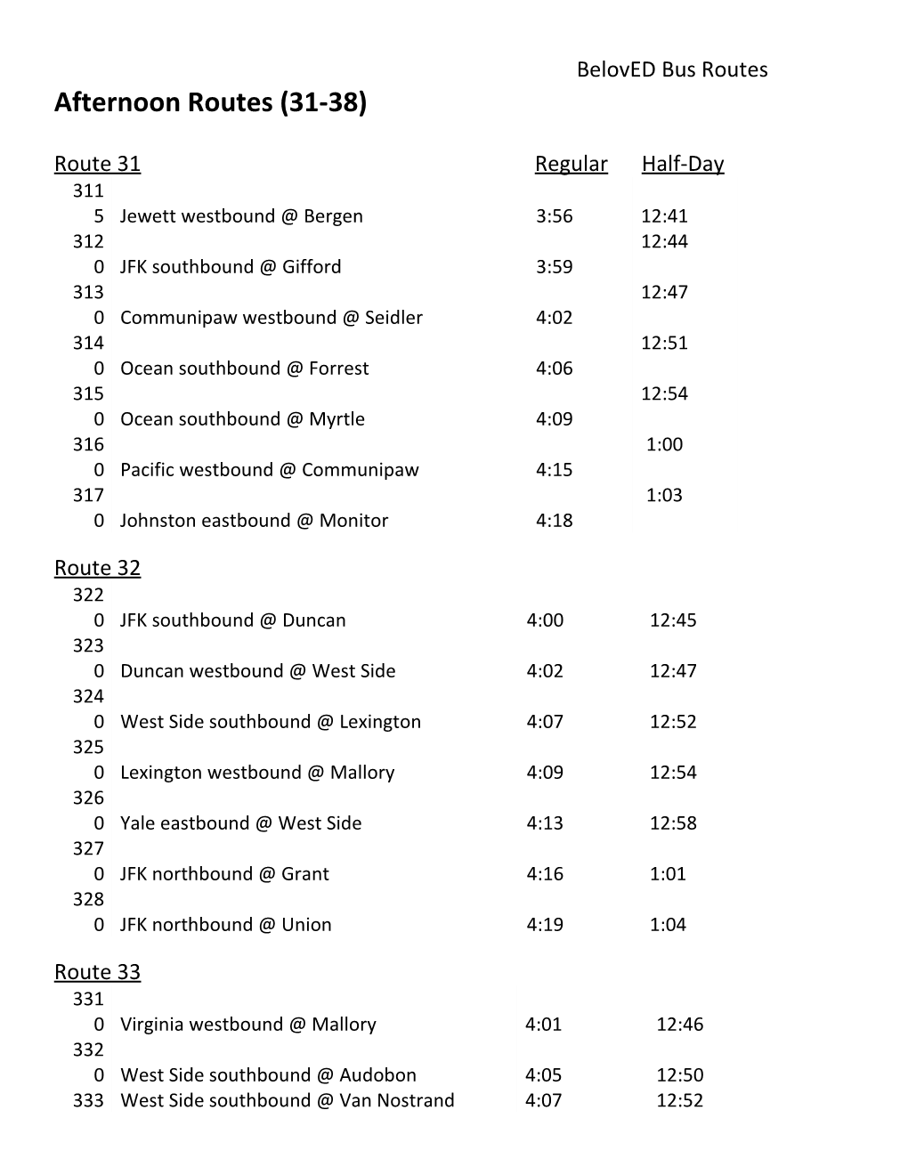 Afternoon Routes (31-38)