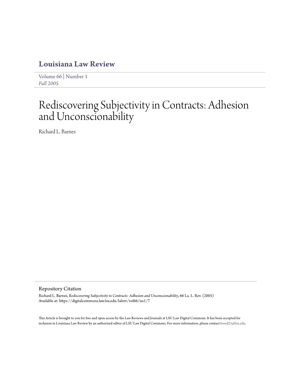 Rediscovering Subjectivity in Contracts: Adhesion and Unconscionability Richard L