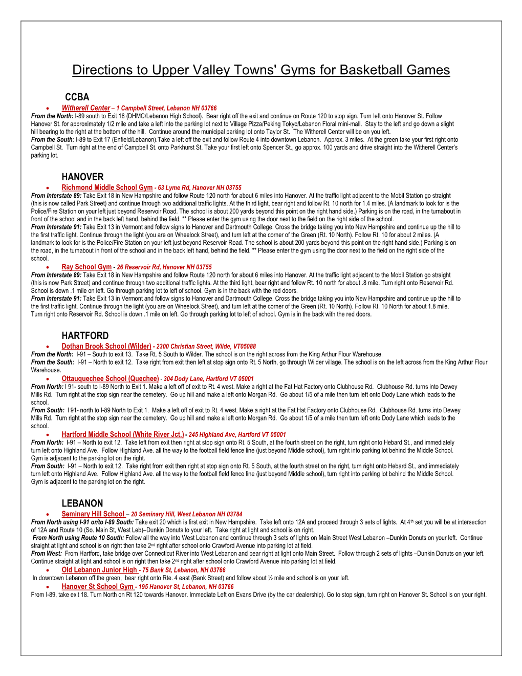 Directions to Upper Valley Towns' Gyms for Basketball Games