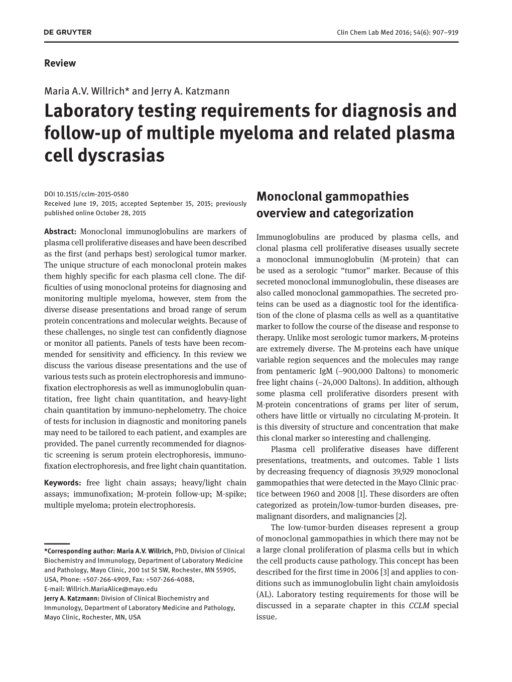 Laboratory Testing Requirements for Diagnosis and Follow-Up of Multiple Myeloma and Related Plasma Cell Dyscrasias