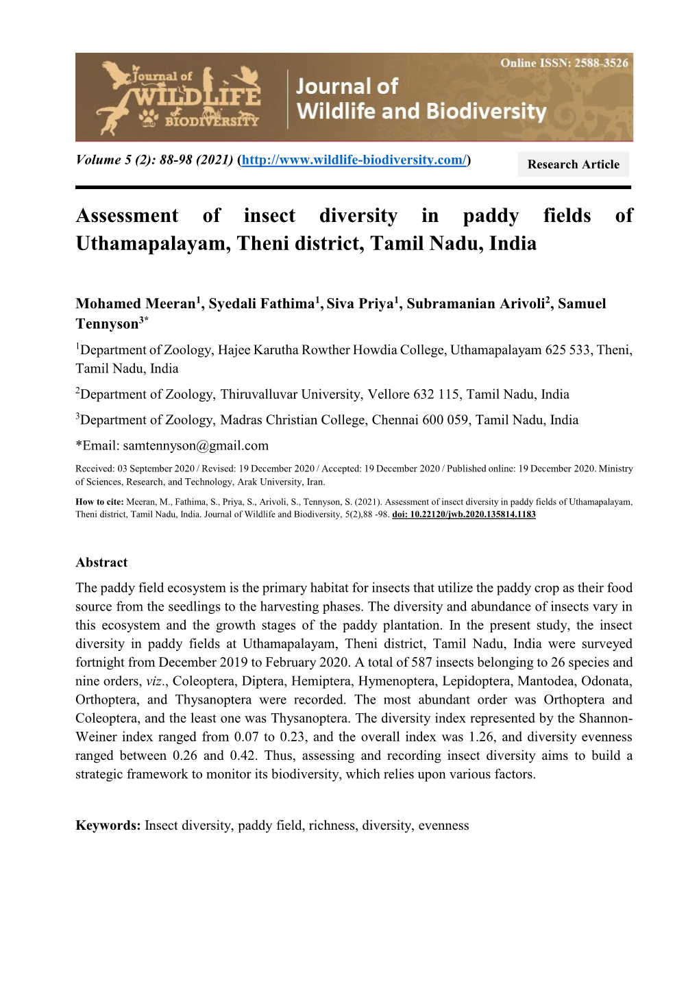 Assessment of Insect Diversity in Paddy Fields of Uthamapalayam, Theni District, Tamil Nadu, India