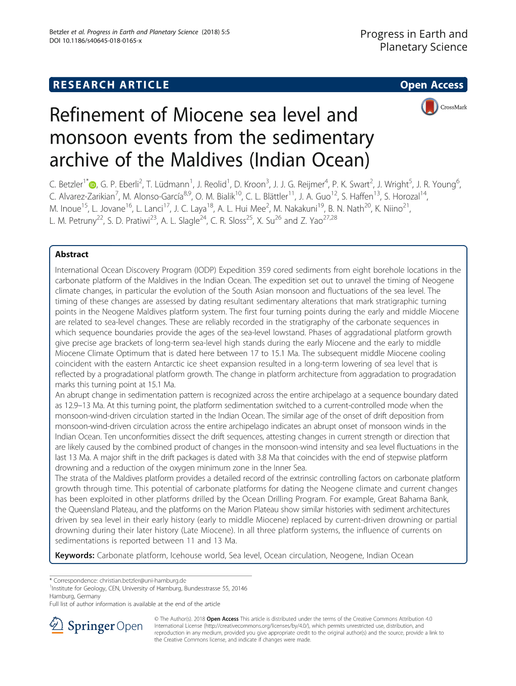 Refinement of Miocene Sea Level and Monsoon Events from the Sedimentary Archive of the Maldives (Indian Ocean) C