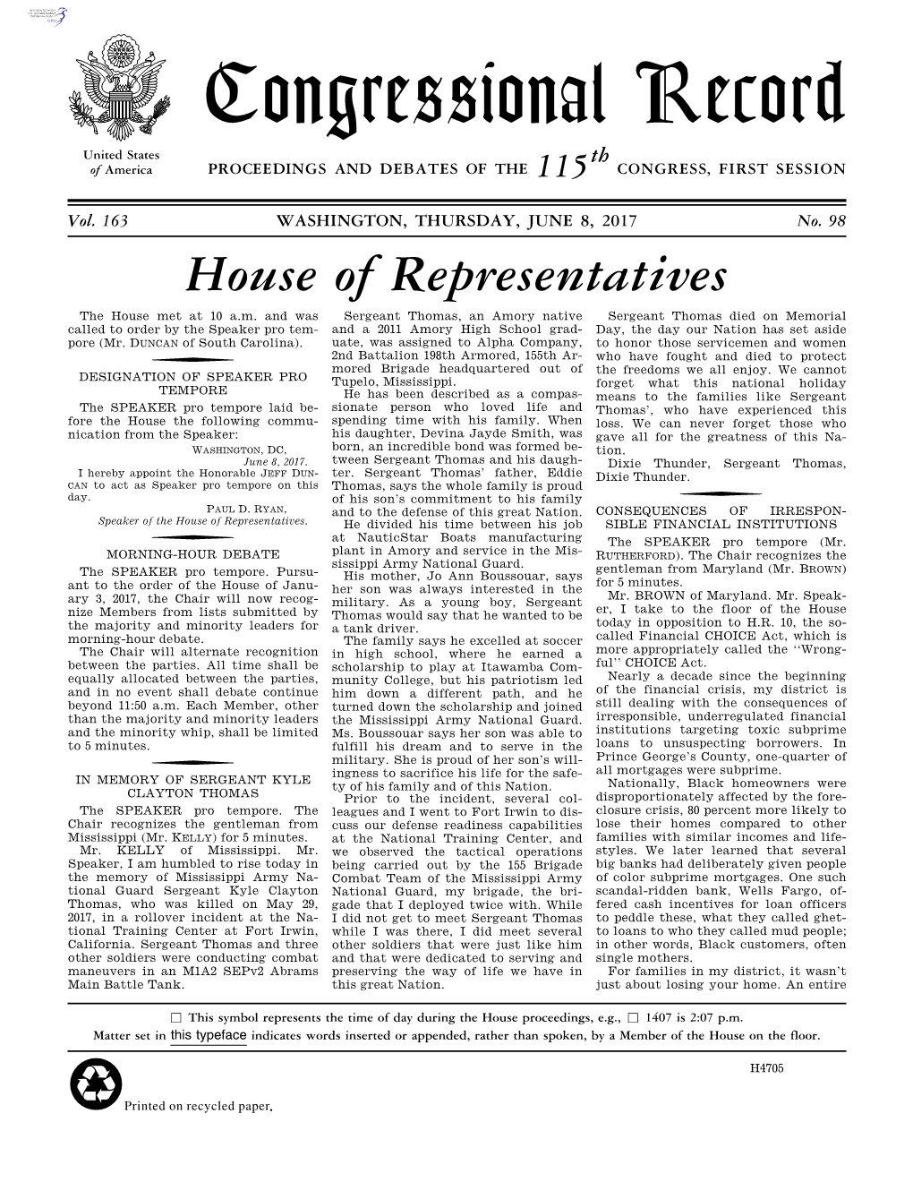 Congressional Record United States Th of America PROCEEDINGS and DEBATES of the 115 CONGRESS, FIRST SESSION