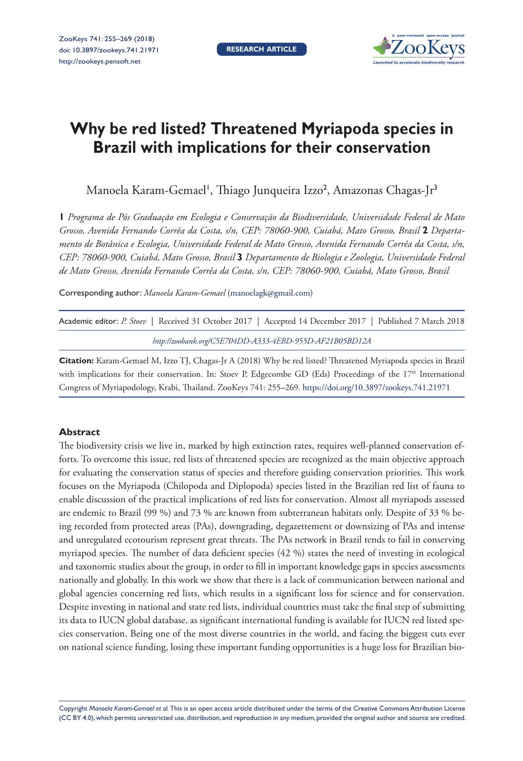 Threatened Myriapoda Species in Brazil with Implications for Their Conservation