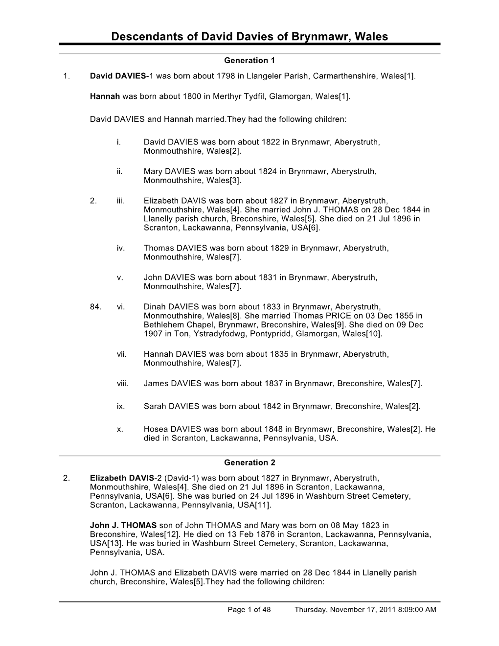 The Descendants of David and Hannah Davies