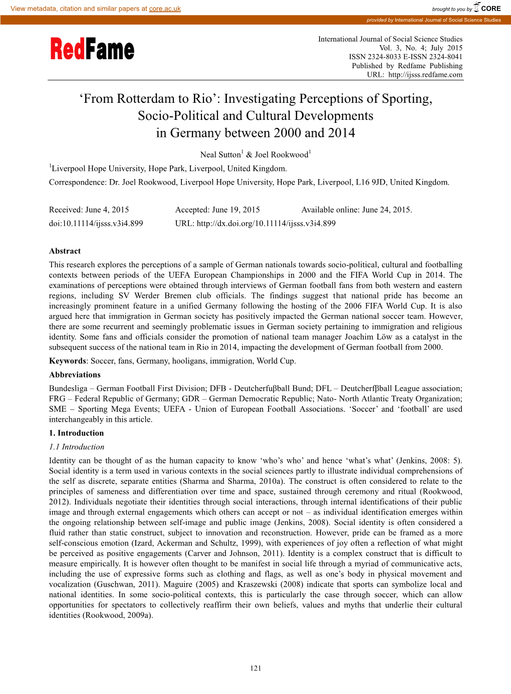 From Rotterdam to Rio‟: Investigating Perceptions of Sporting, Socio-Political and Cultural Developments in Germany Between 2000 and 2014