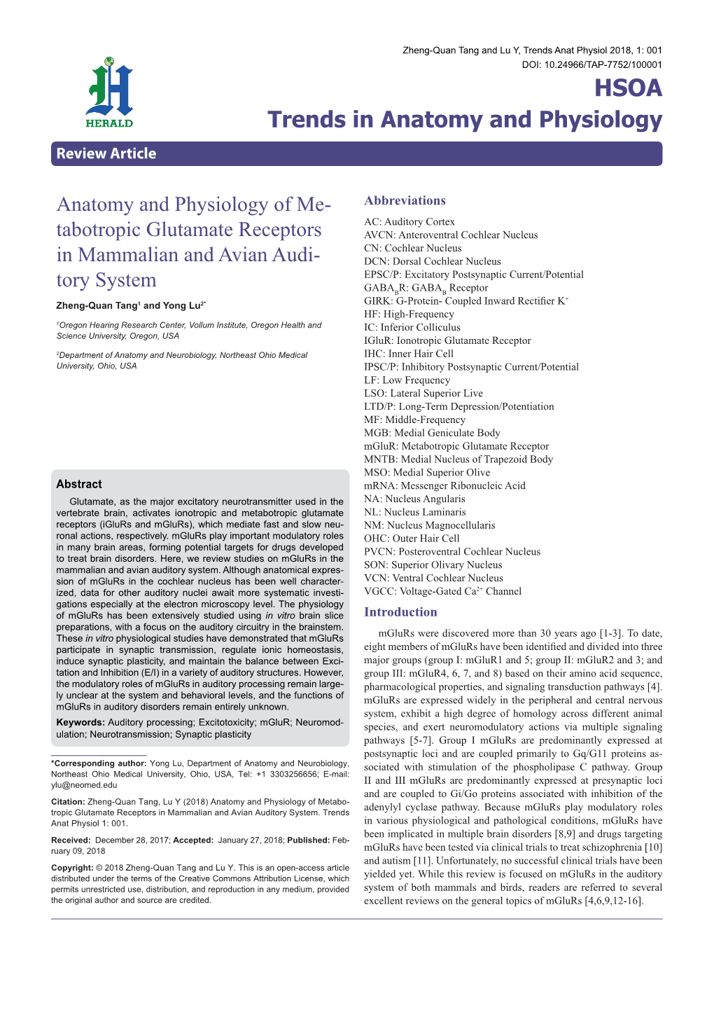 Anatomy and Physiology of Me- Tabotropic Glutamate Receptors in Mammalian and Avian Audi- Tory System