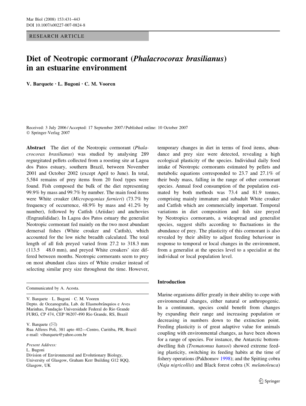 Diet of Neotropic Cormorant (Phalacrocorax Brasilianus) in an Estuarine Environment