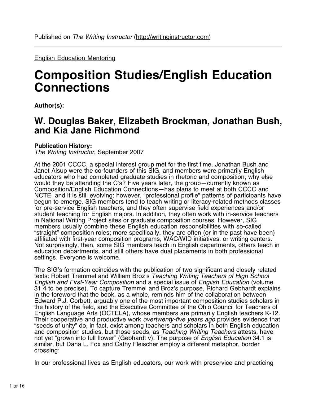 Composition Studies/English Education Connections