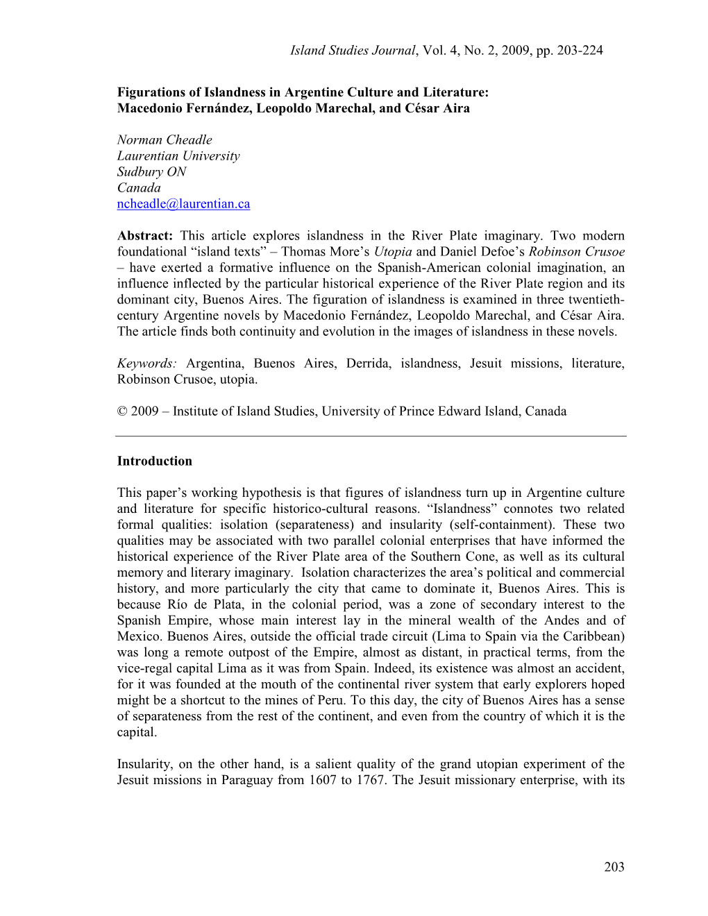 Island Studies Journal, Vol. 4, No. 2, 2009, Pp. 203-224 203 Figurations of Islandness in Argentine Culture and Literature