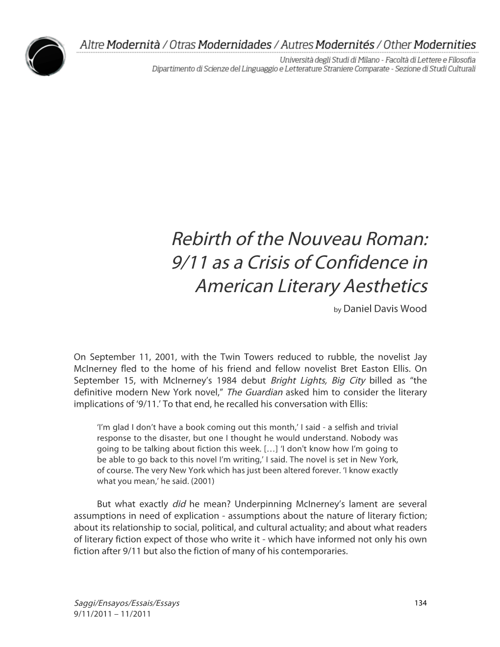 Rebirth of the Nouveau Roman: 9/11 As a Crisis of Confidence in American Literary Aesthetics