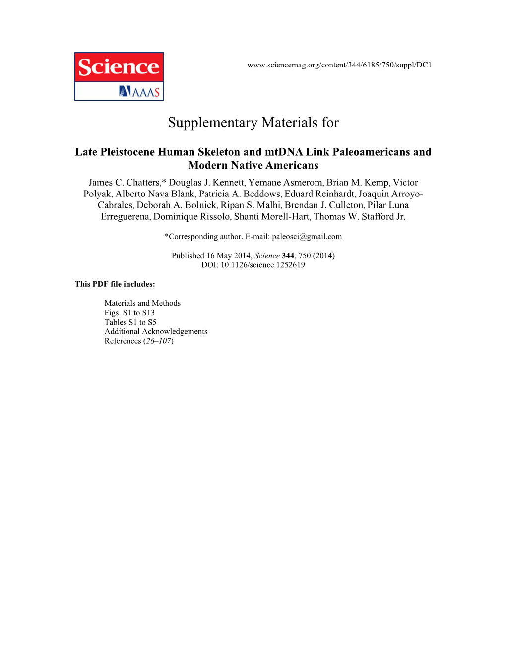 Supplementary Materials for Late Pleistocene Human Skeleton and Mtdna Link Paleoamericans and Modern Native Americans